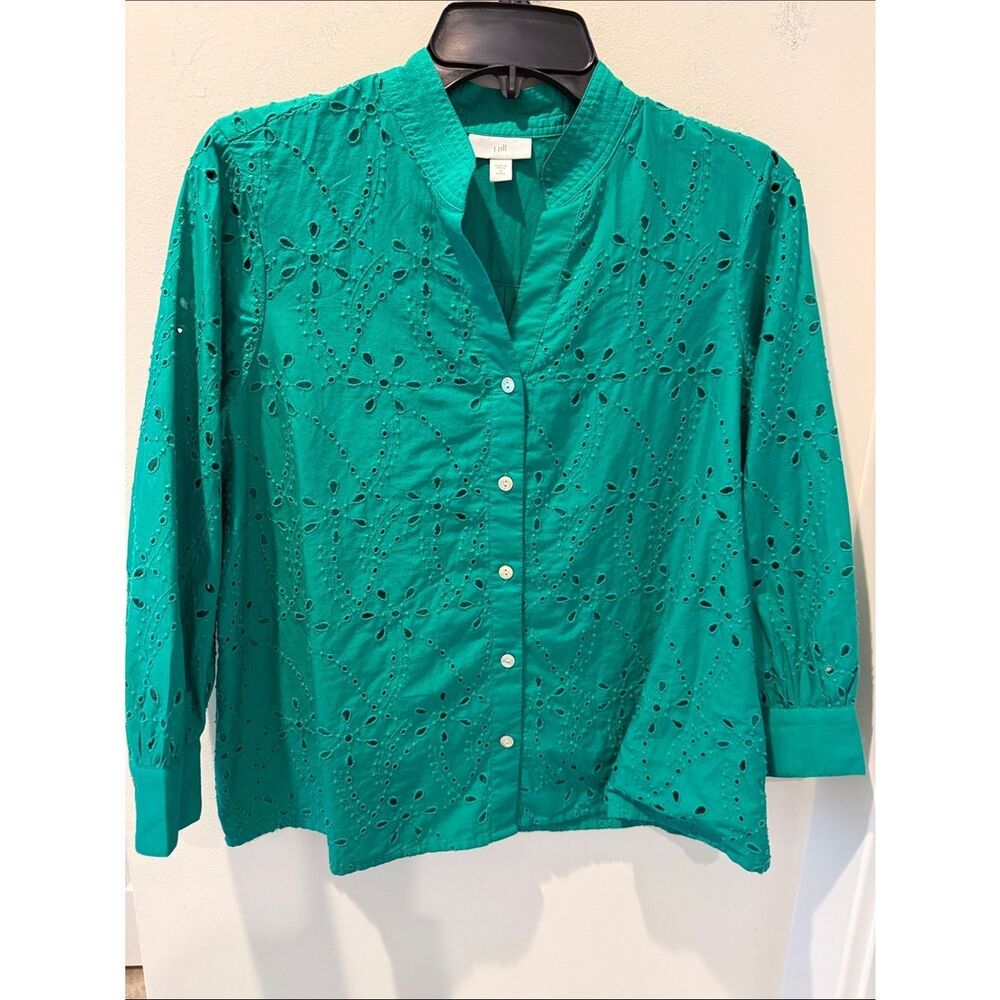 J. Jill Kelly Green  Eyelet Button-Front Shirt quarter sleeve size small Petite